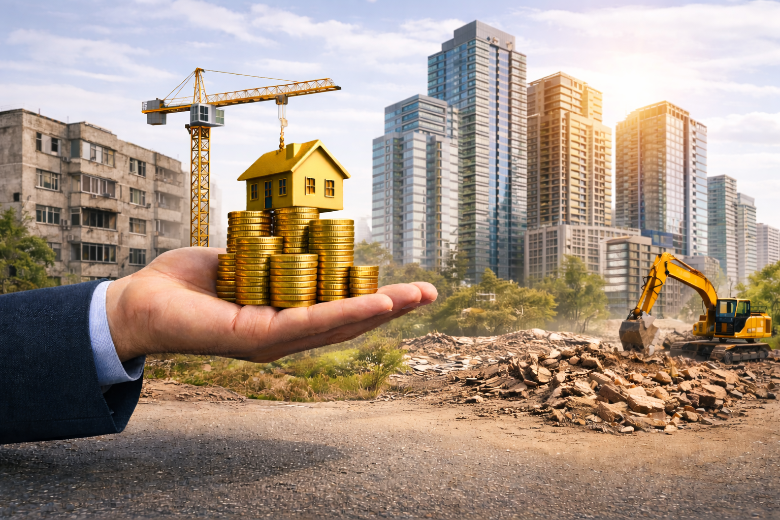 יד מחזיקה מטבעות ועליהן דגם בית קטן, ברקע בנייה חדשה והתחדשות עירונית בעיר.