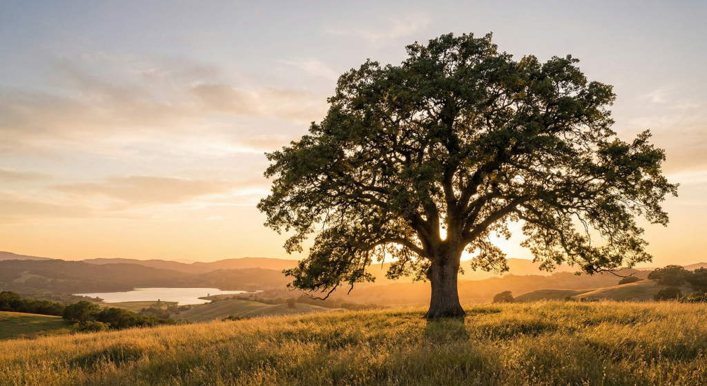 עץ על רקע של שדות ואגמים.